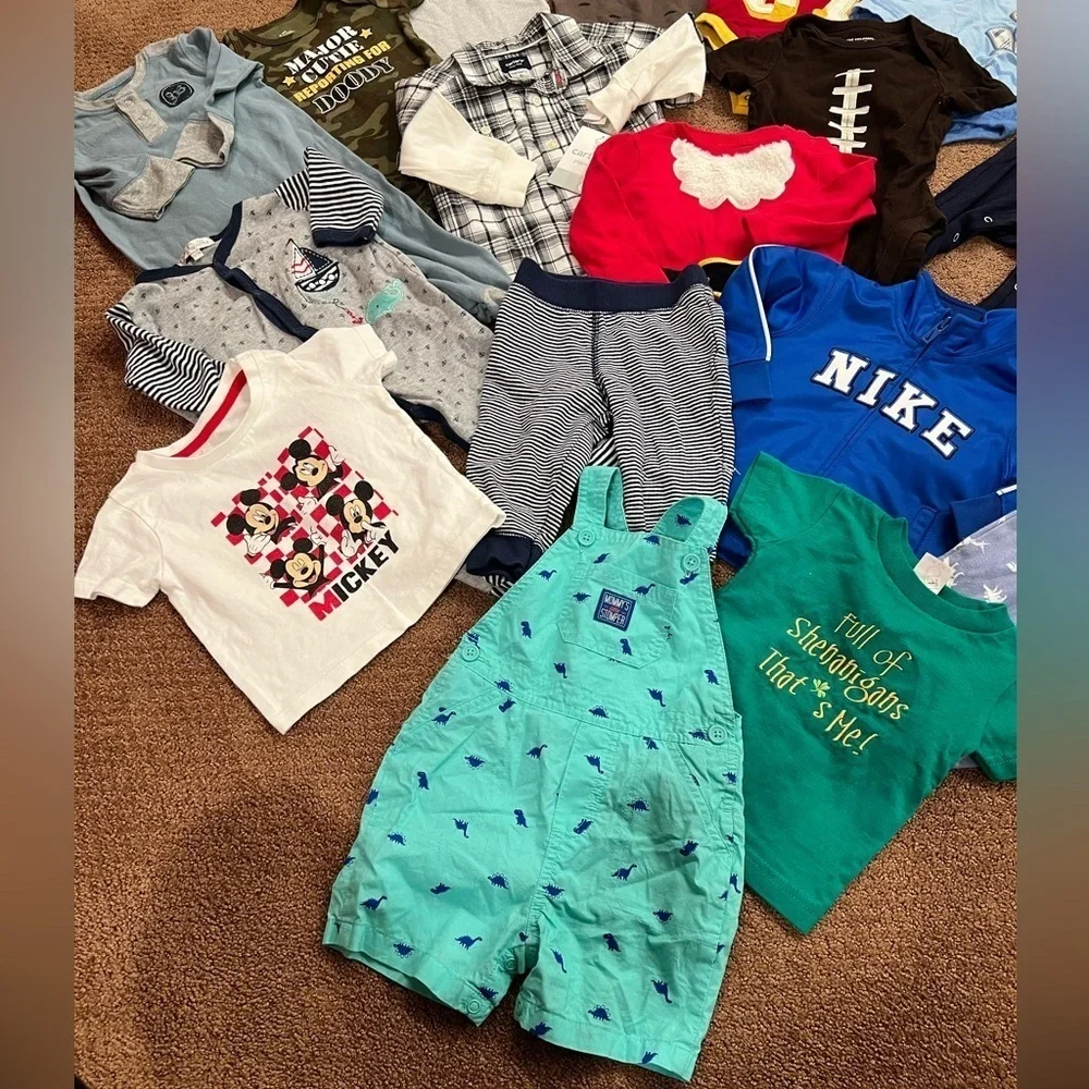 Bundle of 17 Boys Clothing Pieces Size 6-9 Months Pajamas, Tops, Onesies, Pants